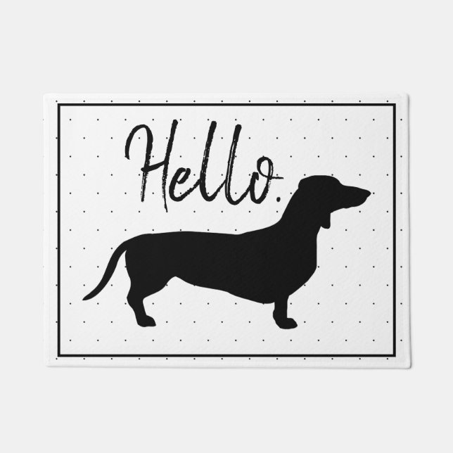 Trendy Dachshund Silhouette & Black Dots Hello Doormat (Front)