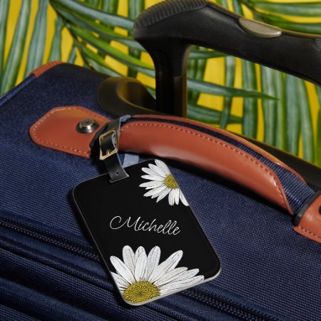 Trendy Daisies Personalized Black White  Luggage Tag