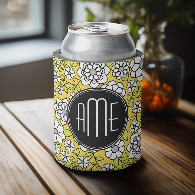 Trendy Daisy Floral Illustration - black & yellow Can Cooler (Personalized can cooler with a place to add a name or other custom text)