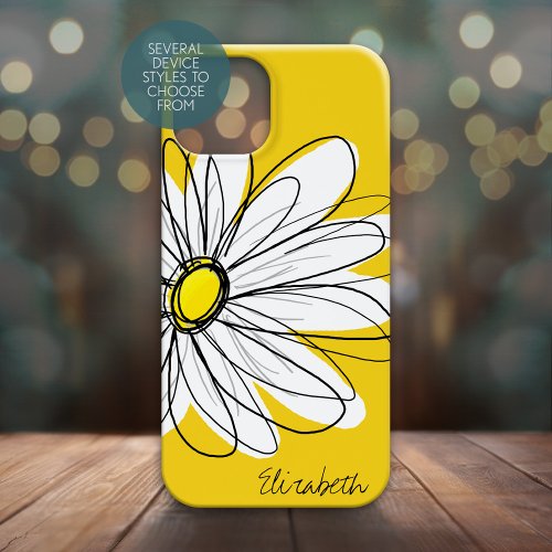 Trendy Daisy Floral Illustration _ blackand yellow iPhone 15 Case