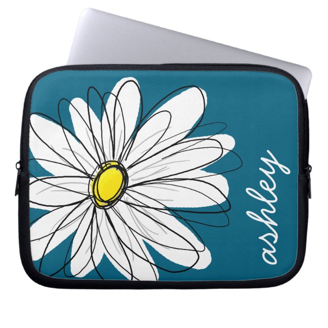 Trendy Daisy Floral Illustration - blue and yellow Laptop Sleeve (Front)