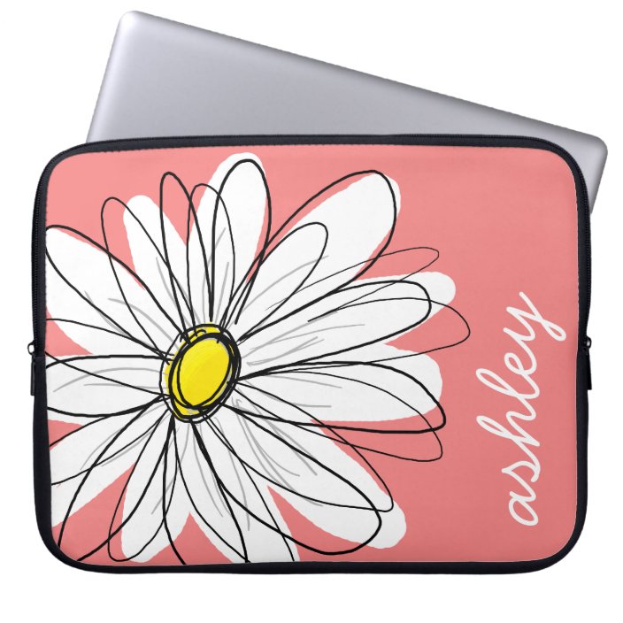 Trendy Daisy Floral Illustration coral & yellow Laptop Sleeve