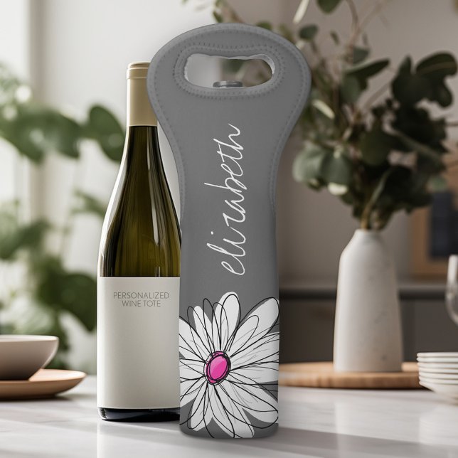 Trendy Daisy Floral Illustration - gray and pink Wine Bag (Personalized Wine Tote - Add Your Name or Customize completely in the advanced design area)