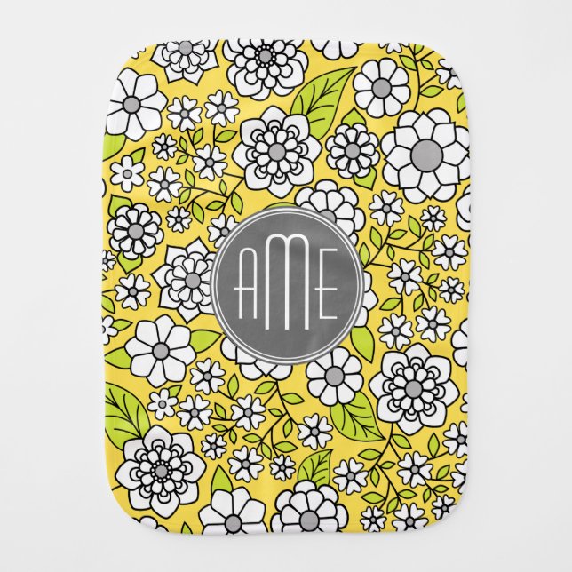 Trendy Daisy Floral Illustration - gray and yellow Burp Cloth (Front)