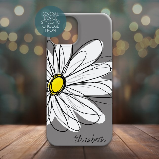 Trendy Daisy Floral Illustration - gray and yellow Case-Mate iPhone Case (Personalized Phone Case - Whimsical Daisy with Custom Name)