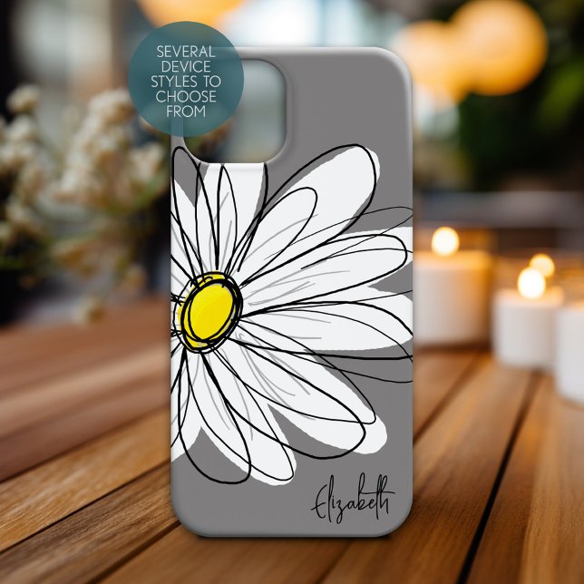 Trendy Daisy Floral Illustration - gray and yellow Case-Mate iPhone Case (Personalized Phone Case with Whimsical Daisy and Custom Name)