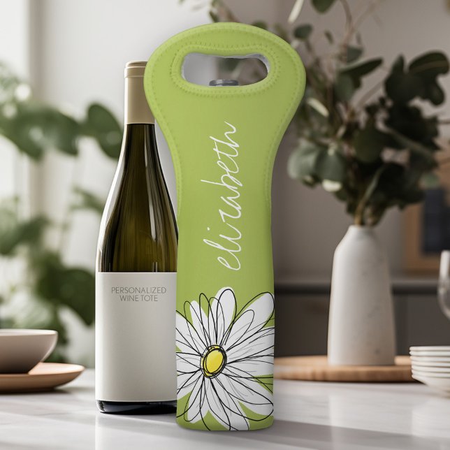 Trendy Daisy Floral Illustration - lime and yellow Wine Bag (Personalized Wine Tote - Add Your Name or Customize completely in the advanced design area)