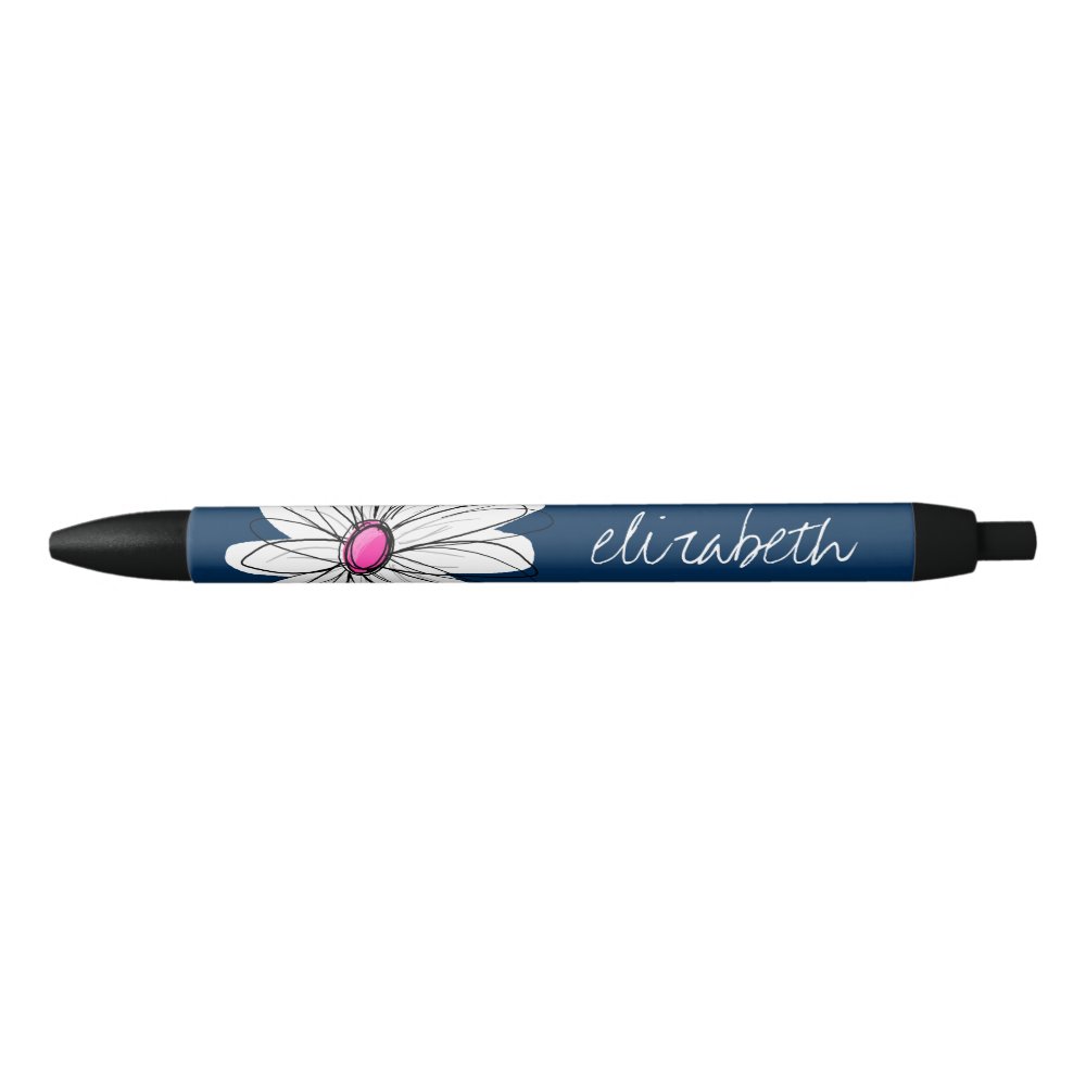 Disover Trendy Daisy Floral Illustration - navy and pink Black Ink Pen