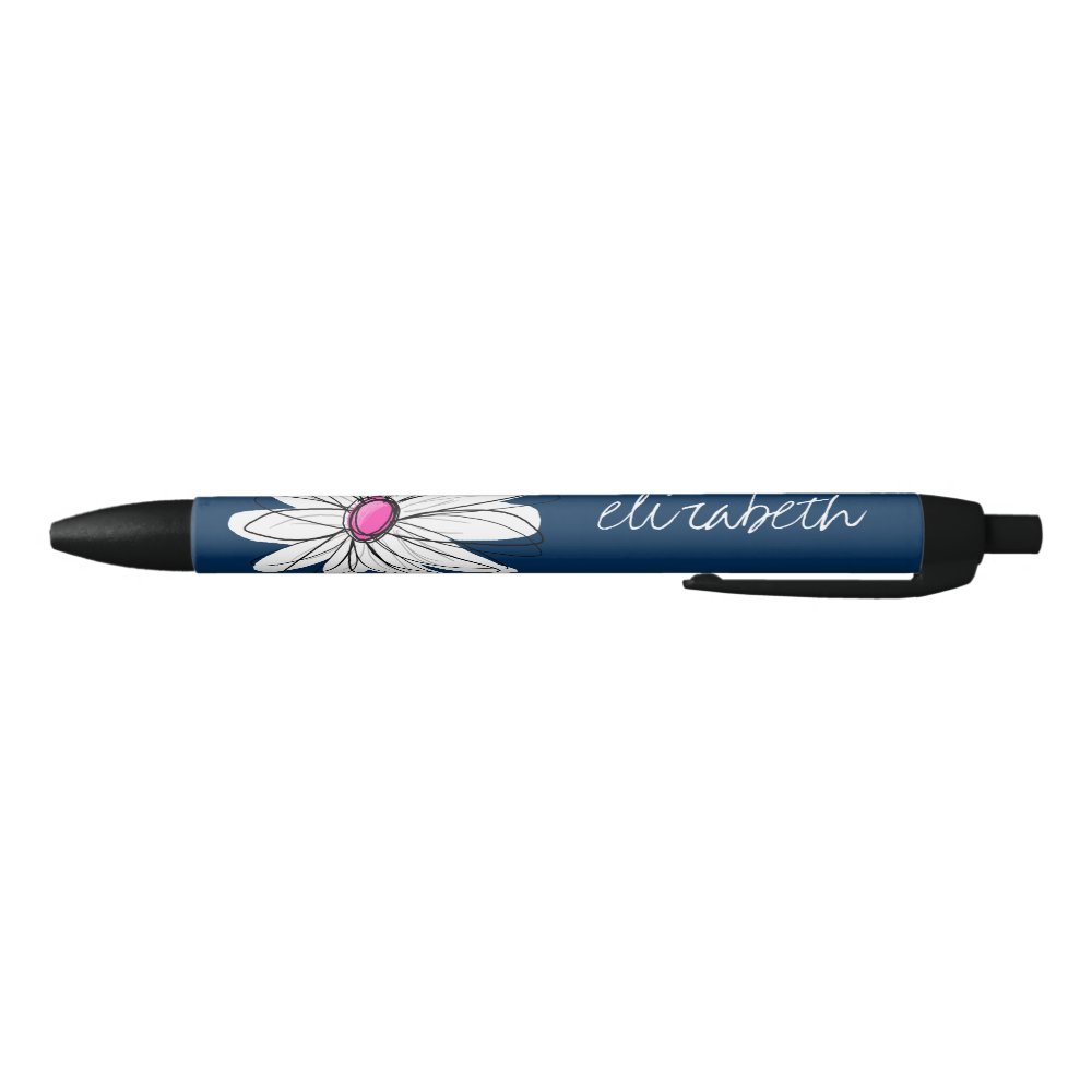 Disover Trendy Daisy Floral Illustration - navy and pink Black Ink Pen