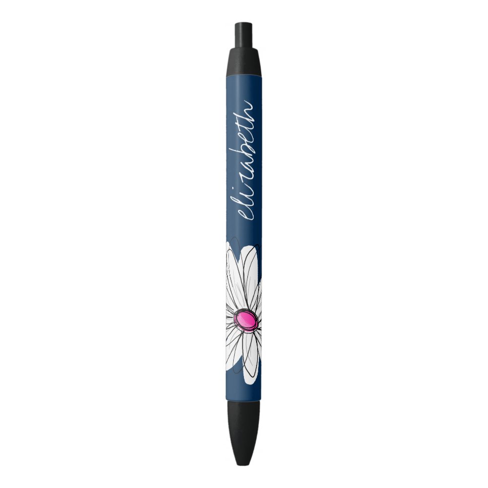 Disover Trendy Daisy Floral Illustration - navy and pink Black Ink Pen