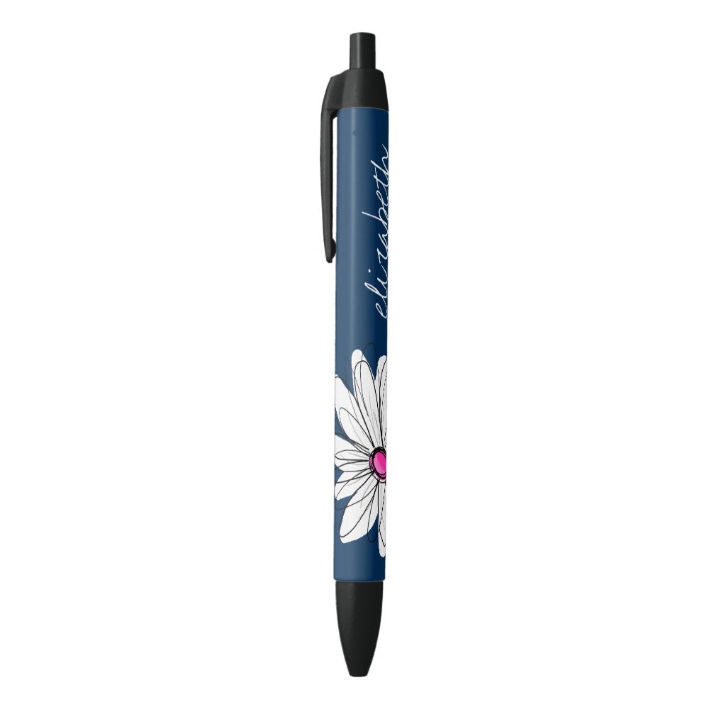 Disover Trendy Daisy Floral Illustration - navy and pink Black Ink Pen