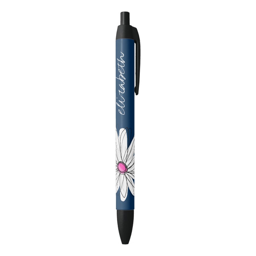 Disover Trendy Daisy Floral Illustration - navy and pink Black Ink Pen