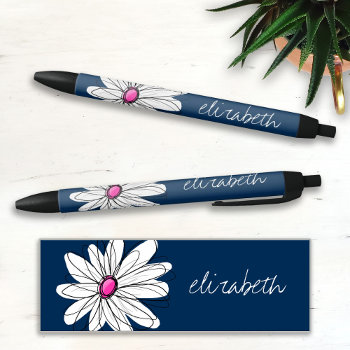 Trendy Daisy Floral Illustration - Navy And Pink Black Ink Pen by MarshEnterprises at Zazzle