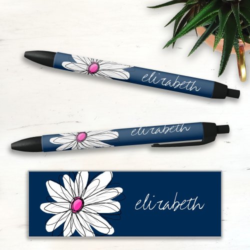 Trendy Daisy Floral Illustration _ navy and pink Black Ink Pen