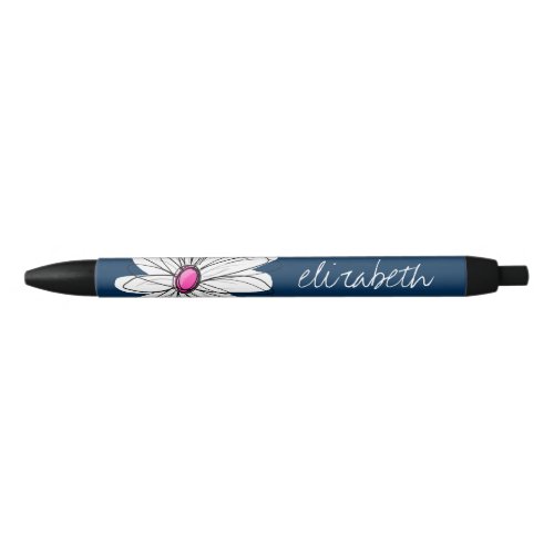 Trendy Daisy Floral Illustration - navy and pink Black Ink Pen