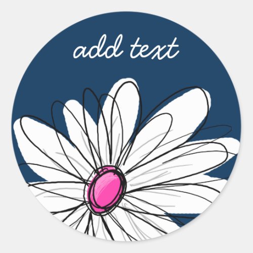 Trendy Daisy Floral Illustration _ navy and pink Classic Round Sticker