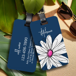 Trendy Daisy Floral Illustration - navy and pink Luggage Tag
