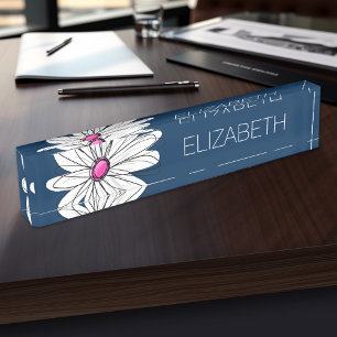 Trendy Daisy Floral Illustration - navy and pink Nameplate