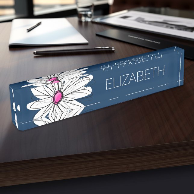 Trendy Daisy Floral Illustration - navy and pink Nameplate (Personalized Name Plate for the Office, School or Home)