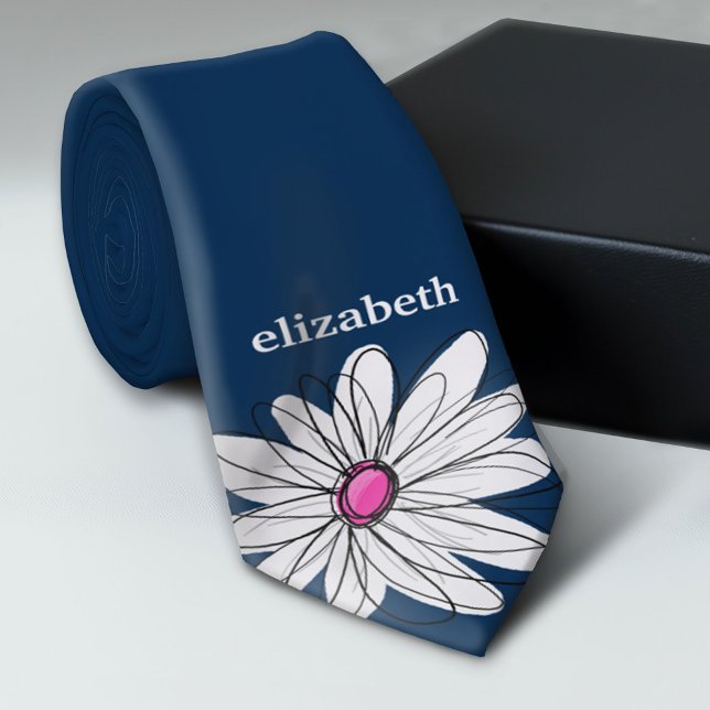 Trendy Daisy Floral Illustration - navy and pink Neck Tie (Custom Photo Collage Tie - Create Your Own Look)