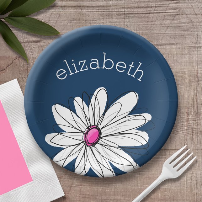 Trendy Daisy Floral Illustration - navy and pink Paper Plates (Personalized party plate with area for name - whimsical daisy )