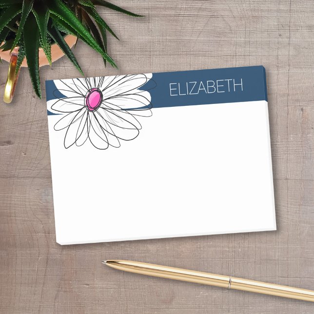 Trendy Daisy Floral Illustration - navy and pink Post-it Notes (Personalized post-it notes with a monogram and whimsical daisy drawing - low quantity available)
