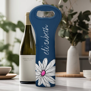 Trendy Daisy Floral Illustration - navy and pink Wine Bag