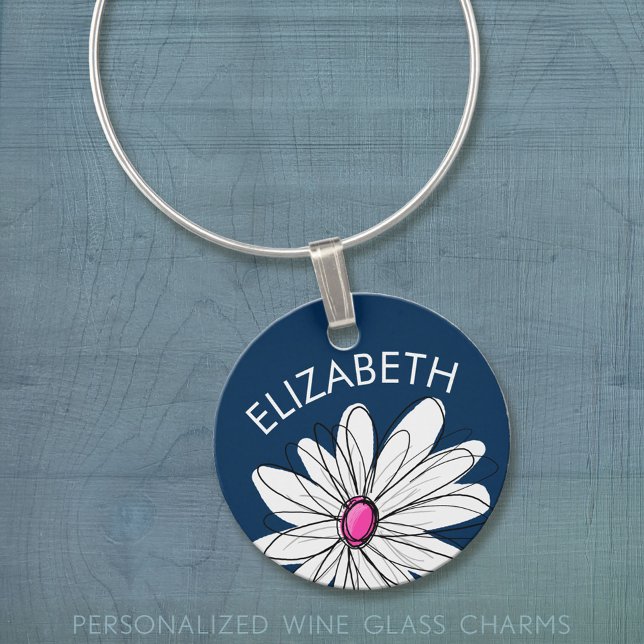 Trendy Daisy Floral Illustration - navy and pink Wine Glass Charm (Custom Wine Charms)
