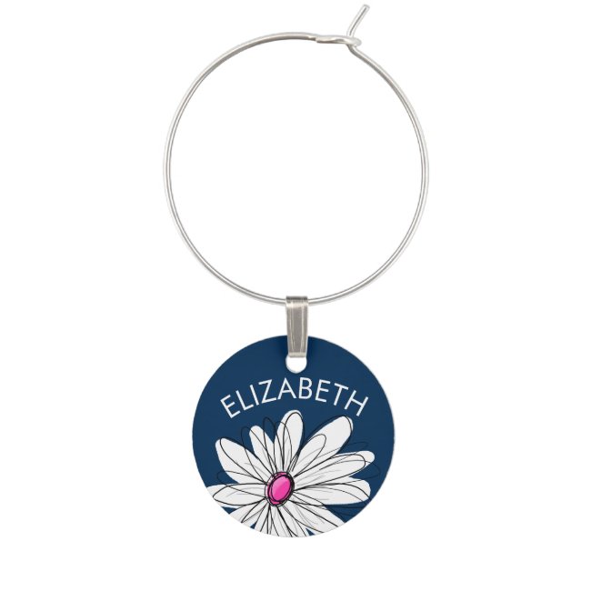 Trendy Daisy Floral Illustration - navy and pink Wine Glass Charm