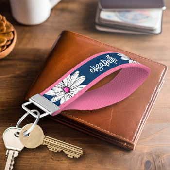 Trendy Daisy Floral Illustration - Navy And Pink Wrist Keychain by MarshEnterprises at Zazzle