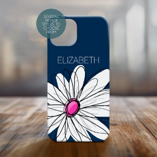 Trendy Daisy Floral Illustration - navy pink iPhone 15 Case