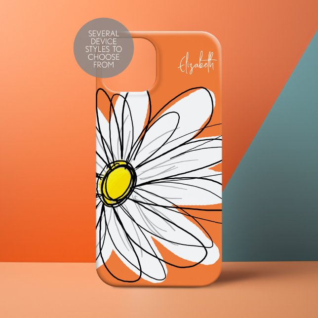 Trendy Daisy Floral Illustration - orange yellow Case-Mate iPhone Case (Personalized Phone Case with Whimsical Daisy and Custom Name)