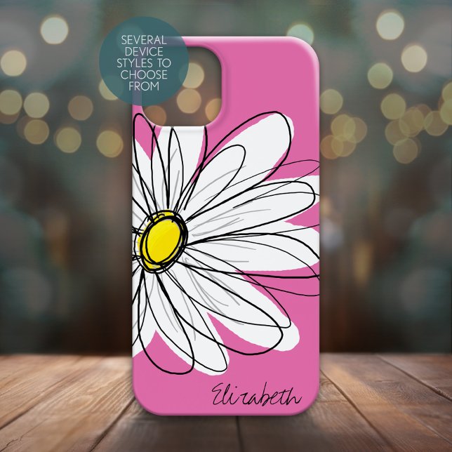 Trendy Daisy Floral Illustration - pink yellow Case-Mate iPhone Case (Personalized Phone Case - Whimsical Daisy with Custom Name)