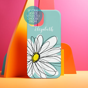 Trendy Daisy Floral Illustration - Teal Yellow Iphone 14 Plus Case by MarshEnterprises at Zazzle