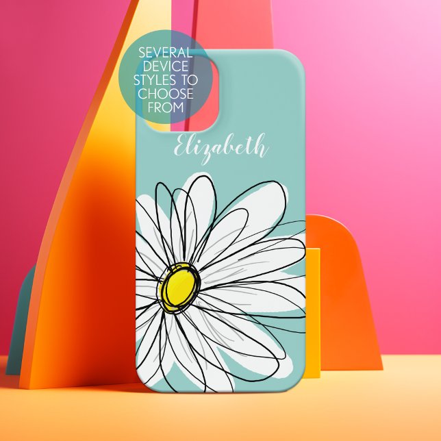 Trendy Daisy Floral Illustration - teal yellow iPhone Case