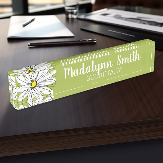 Trendy Daisy - lime and yellow - name and title Desk Name Plate (Personalized Name Plate for the Office, School or Home)