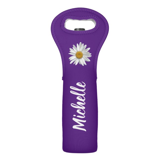 Trendy Daisy Purple Elegant Typography Custom Wine Bag (Front)
