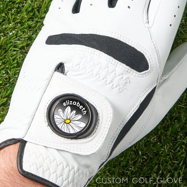 Trendy Daisy with black and yellow - monogram Golf Glove (Custom Golf Glove)