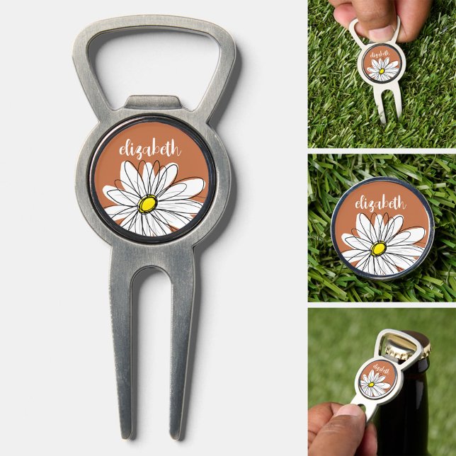 Trendy Daisy with earthy brown - monogram Divot Tool (Custom Golf Divot Tool)