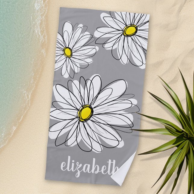 Trendy Daisy with gray and yellow Beach Towel (Personalized Beach Towel with flowers and Text)