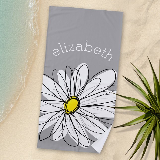 Trendy Daisy with gray and yellow Beach Towel (Personalized Beach Towel - Photo Collage -- Whimsical Daisy with a place to add your name)