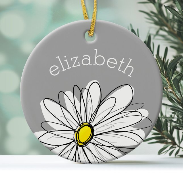 Trendy Daisy with gray and yellow Ceramic Ornament (Personalized Ornament)