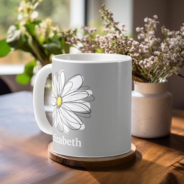 Trendy Daisy with gray and yellow Coffee Mug (Whimsical Daisy Mug with an area for text such as a name or other fun event)