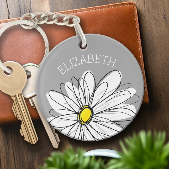Trendy Daisy with gray and yellow Keychain (Personalized Keychain - Keyring with whimsical daisy)