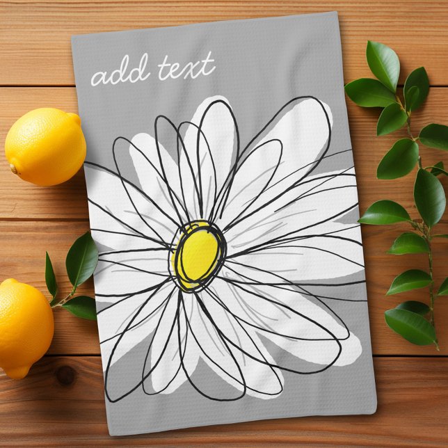 Trendy Daisy with gray and yellow Kitchen Towel (Whimsical Daisy Kitchen Towel with a place to personalize - makes a great gift)