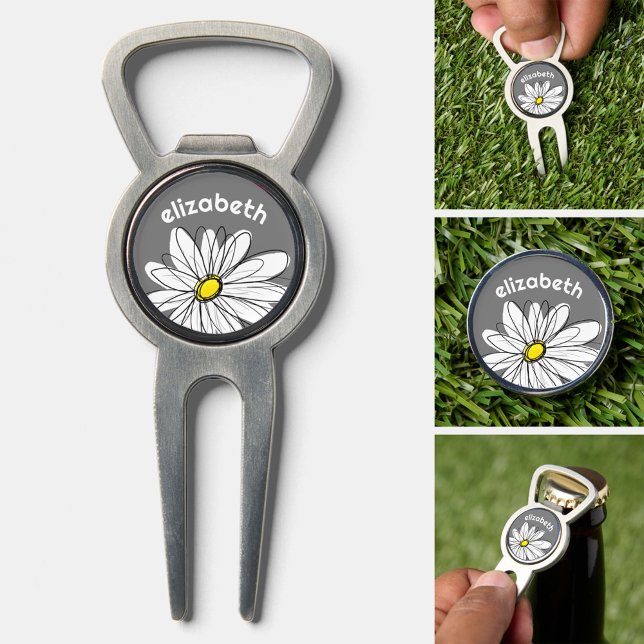 Trendy Daisy with gray and yellow - monogram Divot Tool (Custom Golf Divot Tool)