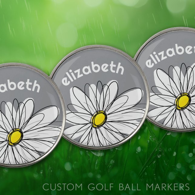 Trendy Daisy with gray and yellow - monogram Golf Ball Marker (Custom Golf Ball Markers)