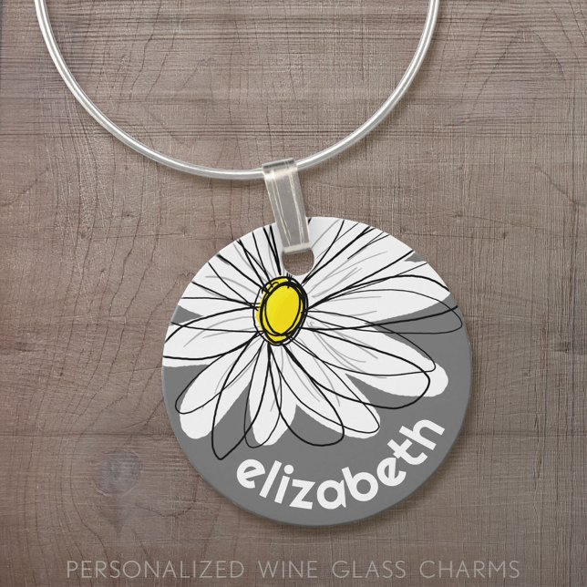 Trendy Daisy with gray and yellow - monogram Wine Charm (Custom Wine Glass Charm)