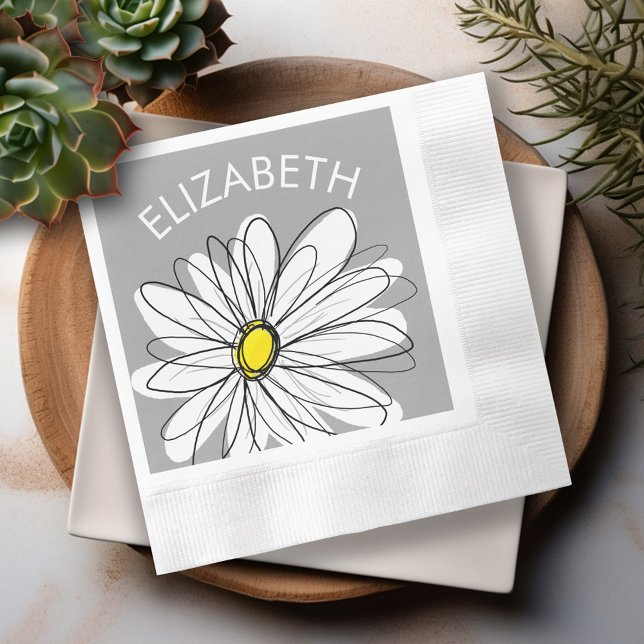 Trendy Daisy with gray and yellow party Paper Napkins (Personalized cocktail and dinner napkins)