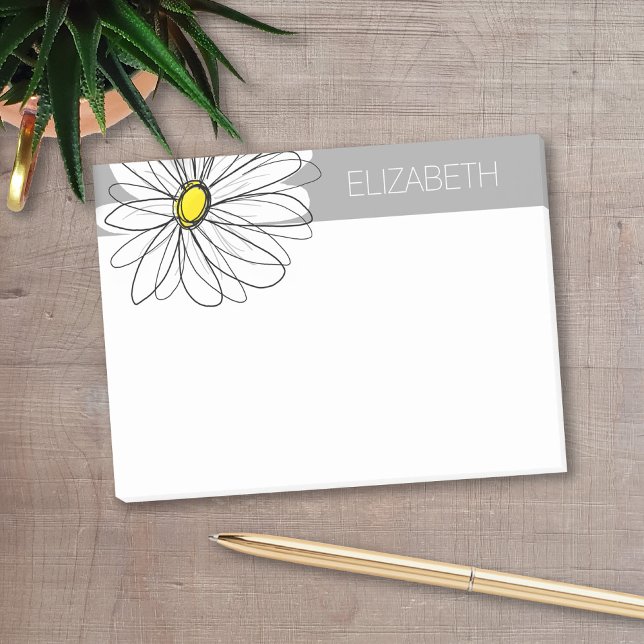 Trendy Daisy with gray and yellow Post-it Notes (Personalized post-it notes with a monogram and whimsical daisy drawing - low quantity available)